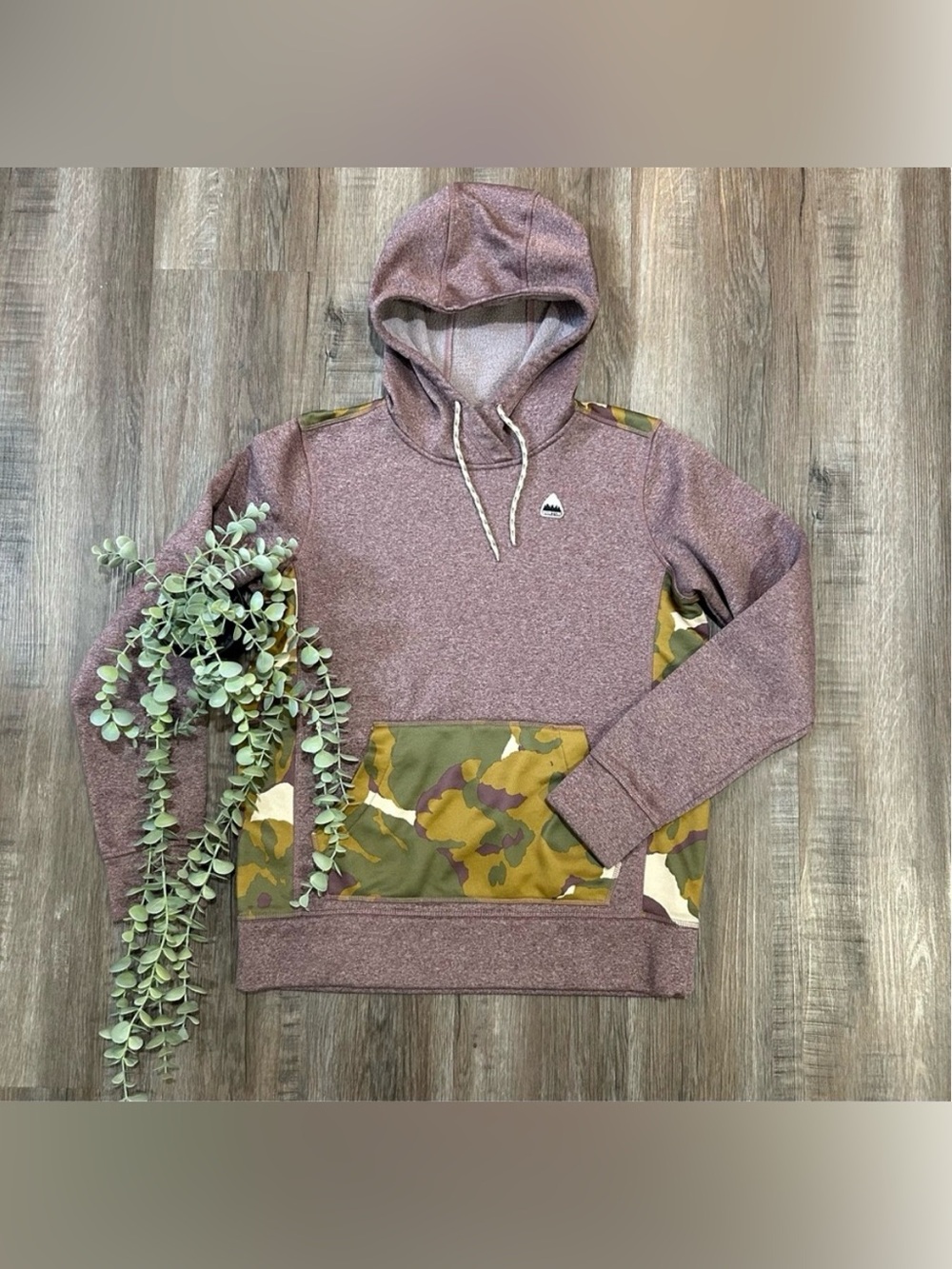 Burton Heathered Mauve & Camo Panel Fleece Pullover Hoodie Sweatshirt size small